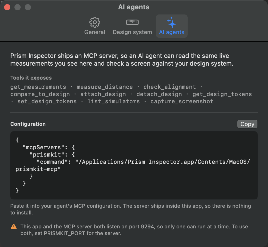 The AI agents settings pane showing the tool list and a ready-to-paste JSON configuration pointing at the server inside the app bundle.