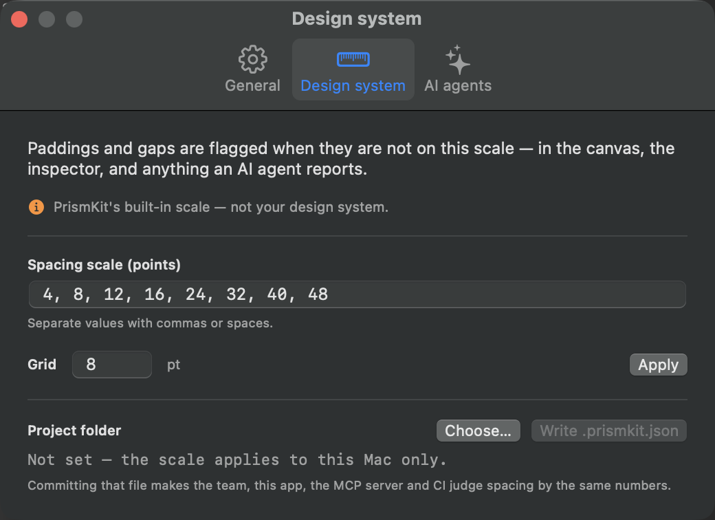 The Design system settings pane: a spacing scale of 4, 8, 12, 16, 24, 32, 40, 48, a grid of 8 points, and a project folder picker.