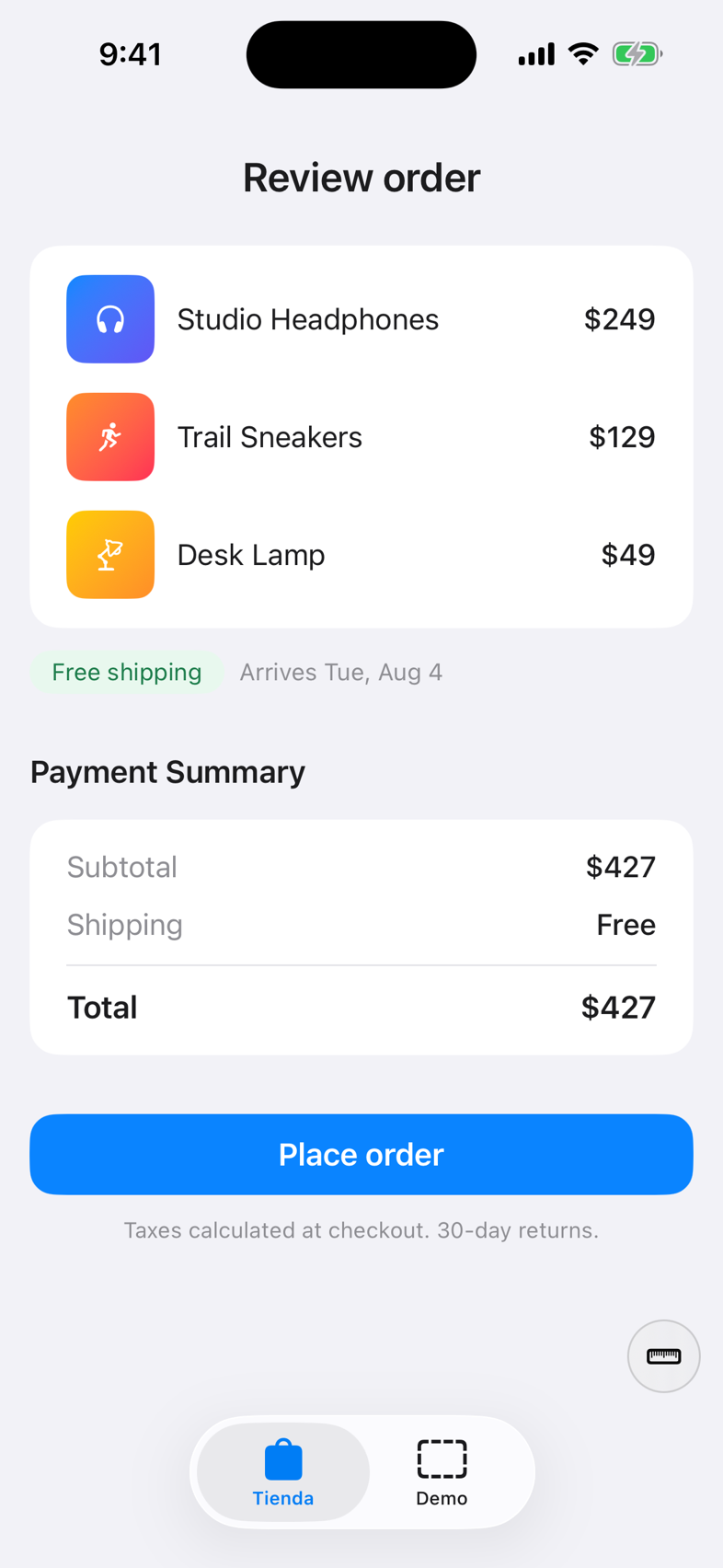 The checkout screen in the simulator: a Review order title, three products, a payment summary and a blue Place order button.