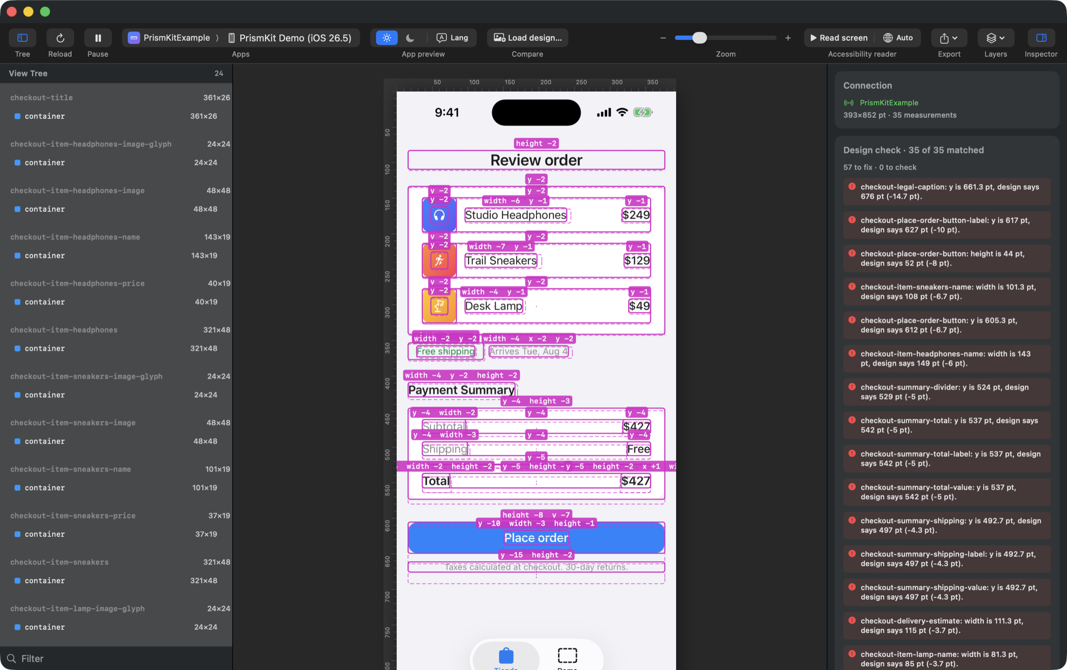 Prism Inspector showing the checkout screen with the design drawn over it and the findings listed on the right.