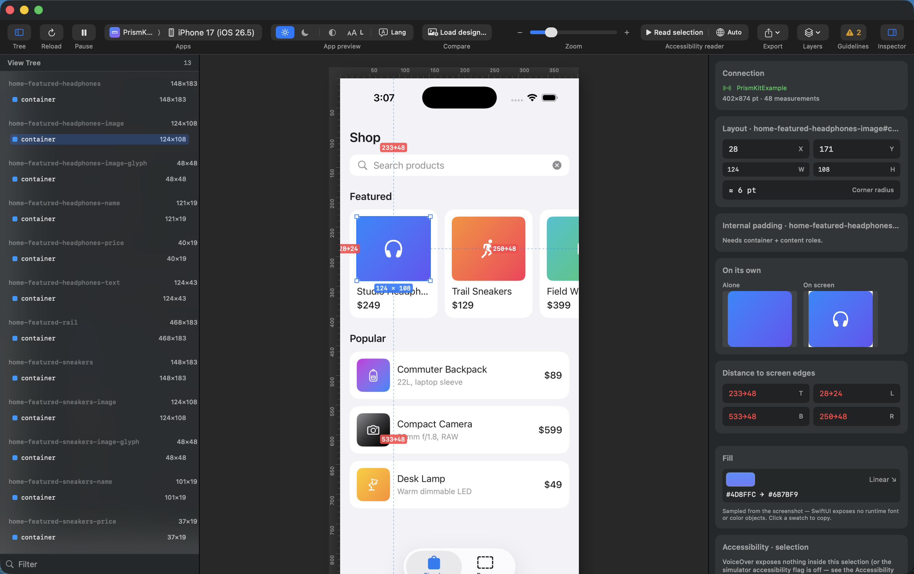 A product card's image tile selected on a shop screen. The inspector's On its own section shows two pictures side by side: Alone, a plain blue gradient, and On screen, the same gradient with a white headphones glyph on it — so the glyph is a child, not part of the tile.