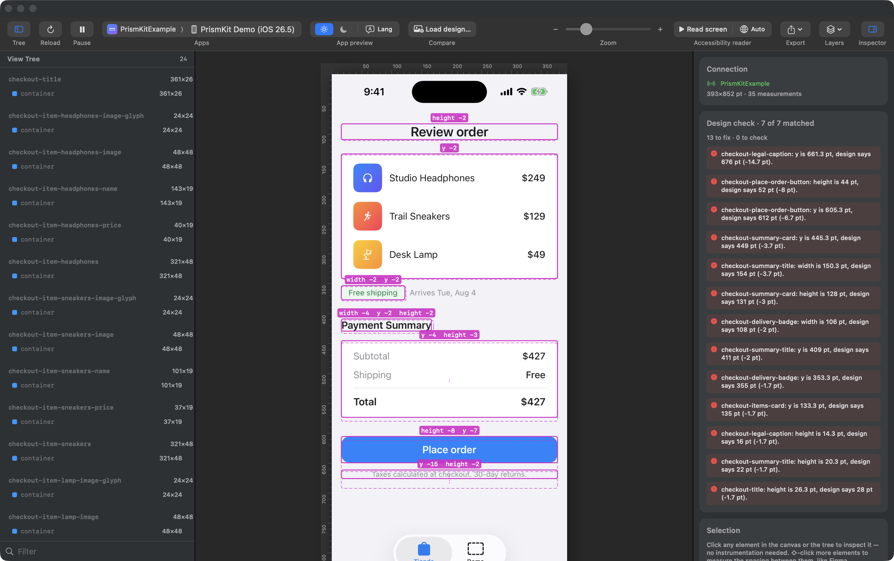 The design check: seven components of a checkout screen matched against their design, with the differences labelled on the canvas and listed beside it — the Place order button is 44 points tall where the design says 52.