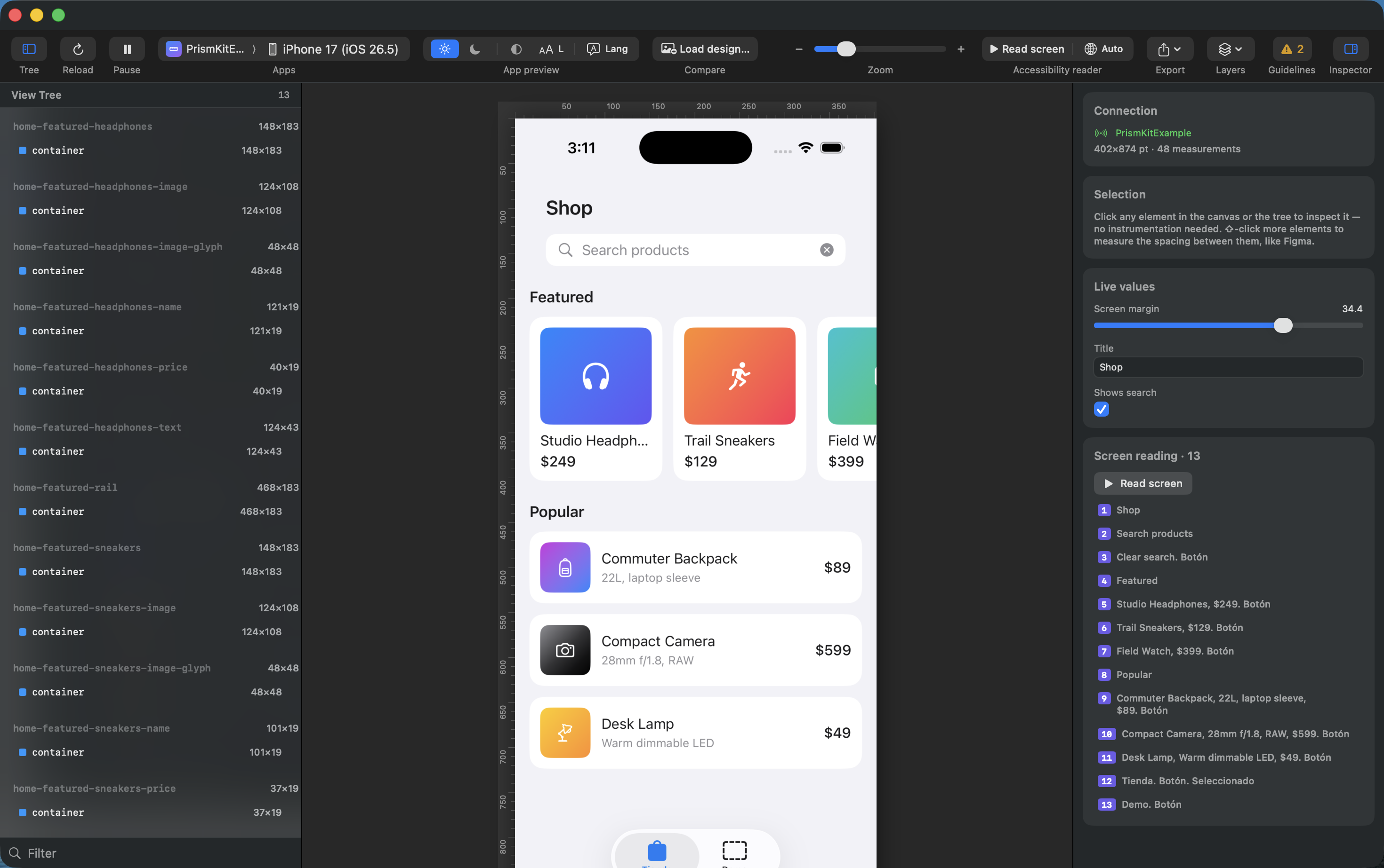The inspector's Live values section with a Screen margin slider at 34.4, a Title text field and a Shows search toggle. On the canvas the screen title and search field have moved inwards to match the new margin.