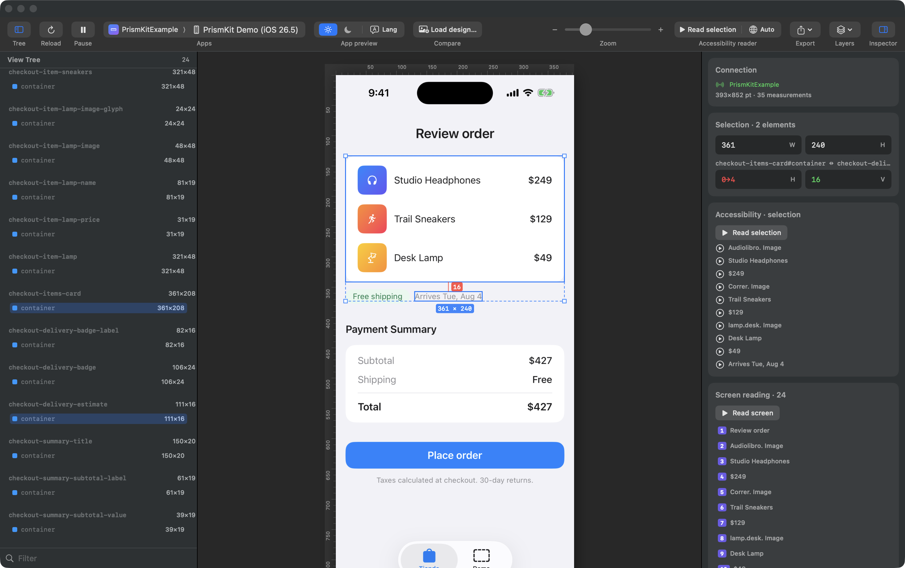 Two elements selected on a running checkout screen: the items card and the delivery estimate, with the 16-point gap between them marked on the canvas, their combined size shown as 361 by 240, and the horizontal gap flagged in red for being off the spacing scale.